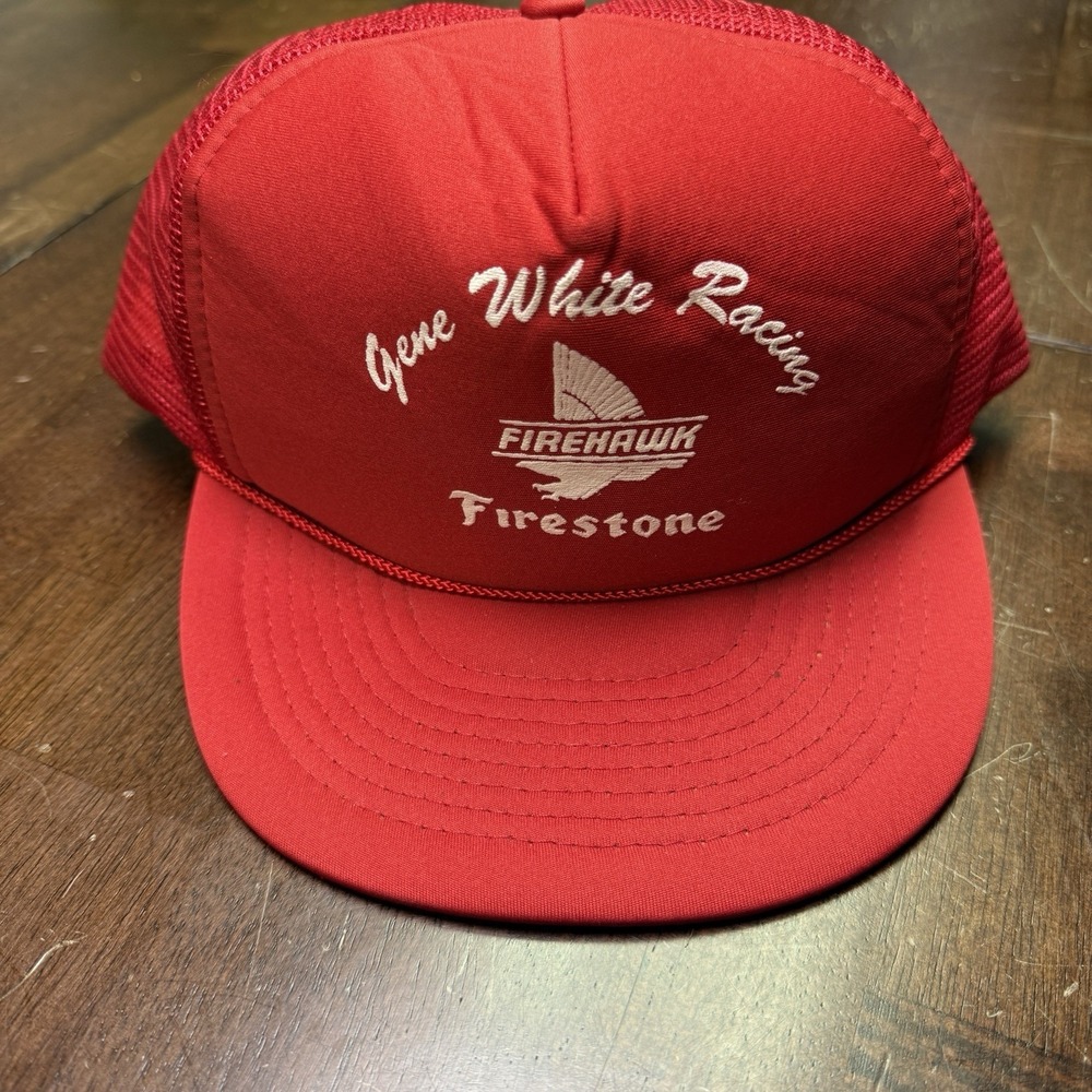 VTG FireHawk Firestone Gene White Racing‎ Hat Cap Red Trucker Rope Brim Snapback
